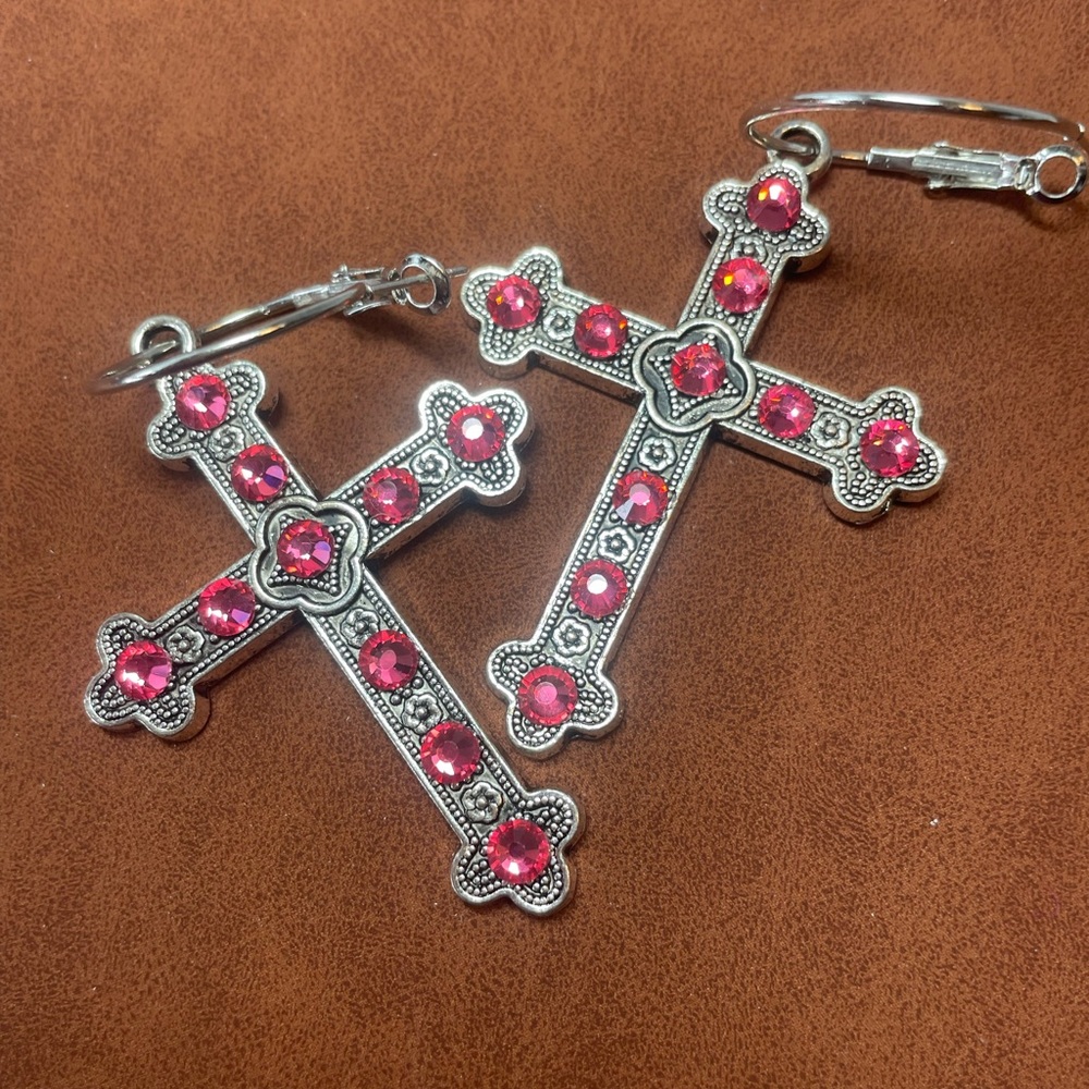 Ladies Pink And Silver Cross Earrings 2”x1.5”